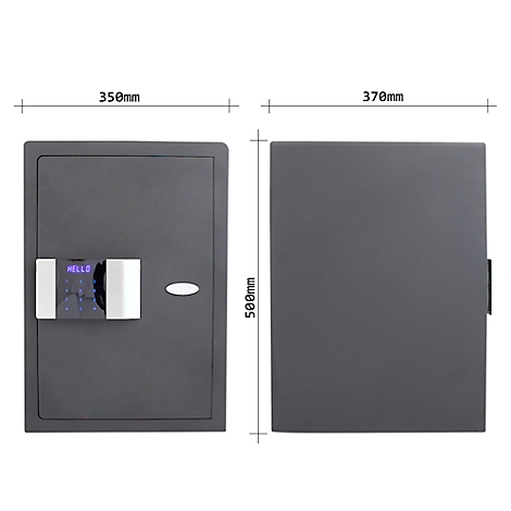 Grey safe with numeric code, dimensions, and handle. The display reads "HELLO".