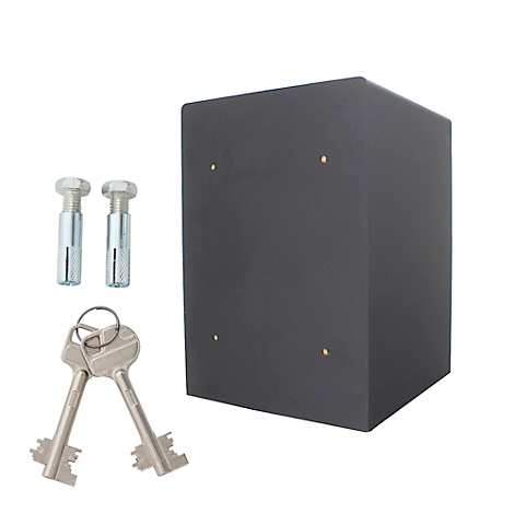Dark grey cube with mounting hardware and keys on a white background.