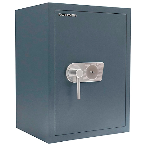 Grey safe with a round handle and keyhole. The word "ROTTNER" is visible at the top.