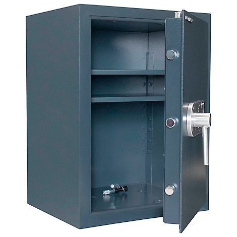 An open, gray safe with two shelves. The door is open on the right.
