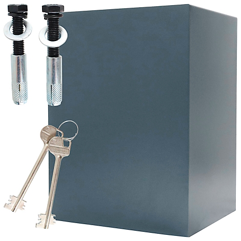 Blue cube with screws and keys.