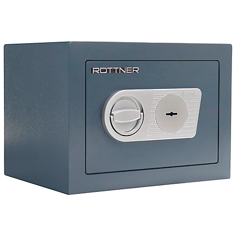 Blue safe with silver panel and rotary knob.