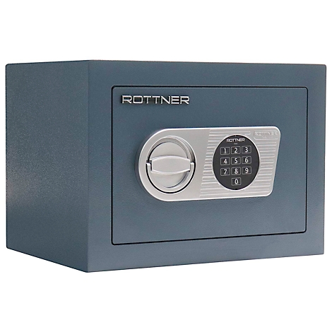 Blue safe with numeric keypad, rotary knob and the lettering 'ROTTNER'.