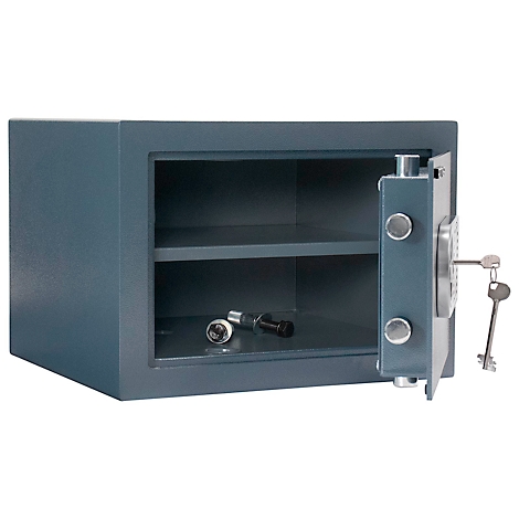 Gray safe open with keys. Other objects are inside the safe.