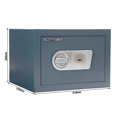 Grey safe with rotary knob and keyhole, dimensions: 390x420x300mm, inscription "ROTTNER".