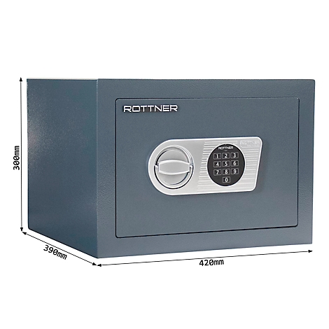 Grey safe with number code and the inscription 'ROTTNER'. The dimensions are given: 420x390x300mm.