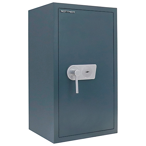 Gray-blue safe with silver handle and lock, against a white background. At the top is ROTNER.