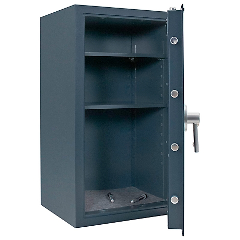 Open, dark blue safe with three shelves. The door is open on the right, and the safe is set against a white background.