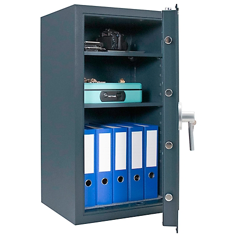 Grey safe with open door. Inside are files, a camera, and a turquoise box.