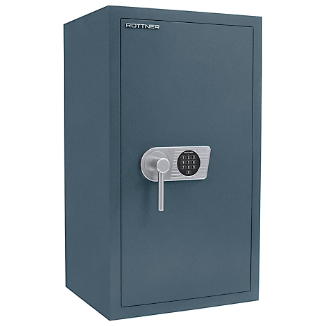 Dark blue safe with a combination lock and a rotating handle.