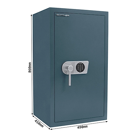 Dark blue safe with electronic keypad and handle, dimensions are indicated.