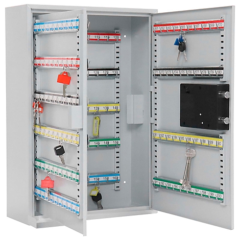 Ein offener, grauer Schlüsselschrank mit zahlreichen farbigen Schlüsselanhängern und Schlüsseln.