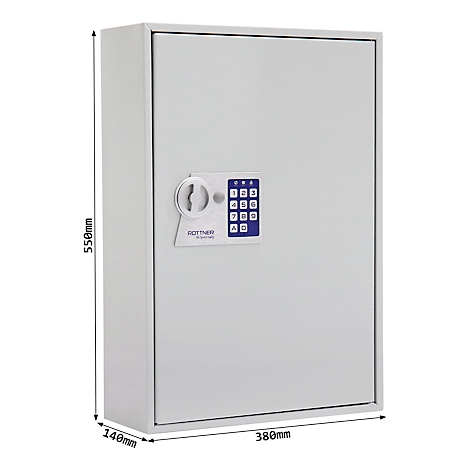 Grauer Tresorschrank mit Zahlencode und Drehknopf. Masse: 550mm x 380mm x 140mm.