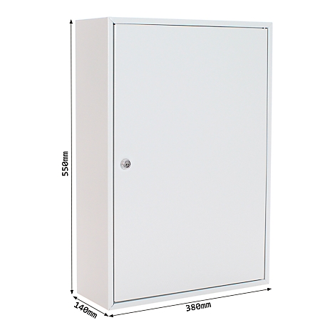 Weißer, rechteckiger Metallschrank mit Tür und Knauf. Maße: 550mm hoch, 380mm breit, 140mm tief.