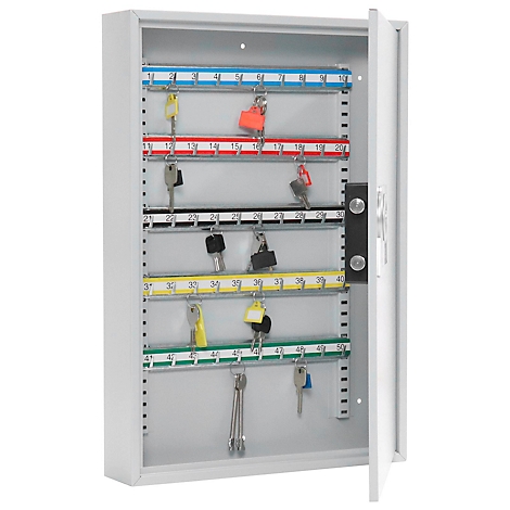 Grauer Schlüsselschrank mit geöffneter Tür und vielen Schlüsseln.