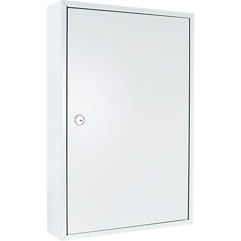 Weiße Metallbox mit Schlüssel. Eckige Form, leicht schattiert, mit kleinem Schloss in der Mitte.