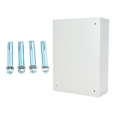 Weiße Wandbox mit vier Schrauben. Schrauben blau, Box weiß.