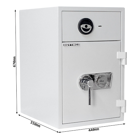 Weisser Tresor mit schwarzem Drehknauf und silbernem Griff. Masse: 670mm x 550mm x 440mm.