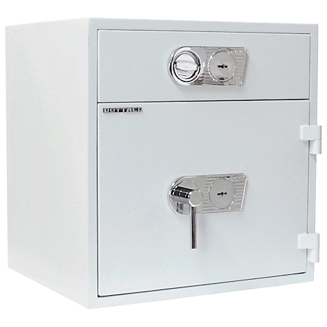 Weisser Tresor mit zwei Türen, Chrom-Schlössern und dem Schriftzug 'FORT KNOX'.