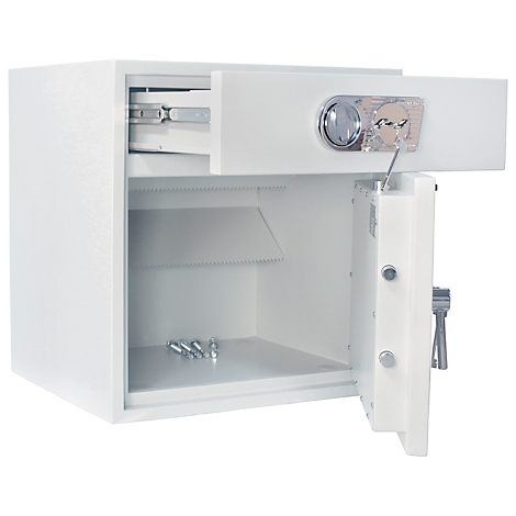 Weisser Tresor, geöffnet, mit Schlüssel. Sichtbar sind Innenraum, Schublade und Riegel.