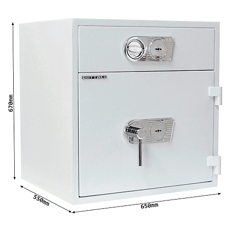 Weisser Tresor mit zwei separaten verschliessbaren Türen. Der Tresor hat zwei Schlösser und Massangaben.