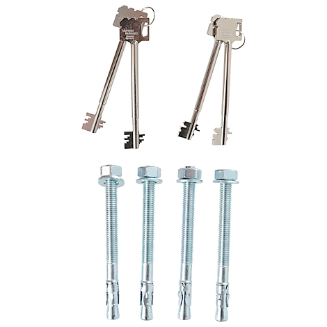 Zwei Schlüsselpaare und vier Schrauben mit Muttern auf weissem Hintergrund.