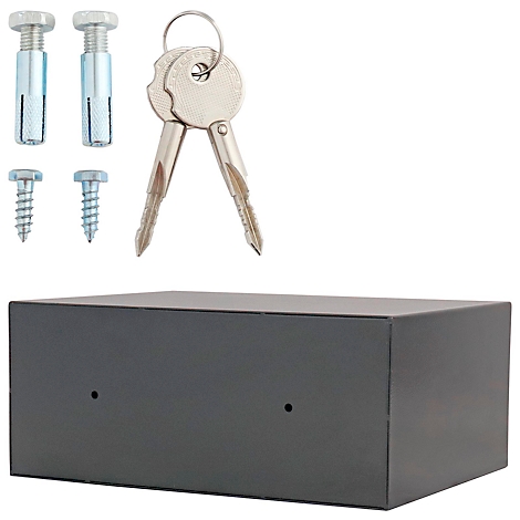 Eine dunkle, rechteckige Box mit Schlüsseln und Montagematerial vor weissem Hintergrund.
