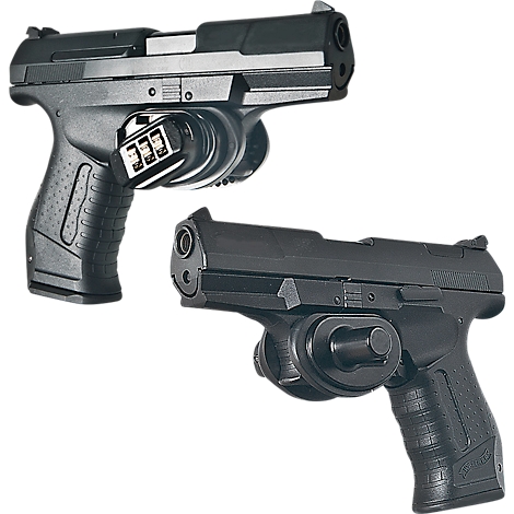 Deux pistolets noirs avec un système de verrouillage, un avec un code numérique. Ils sont sur fond blanc.