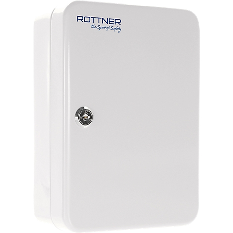 Witte rechthoekige wandbox met sleutel en Rottner logo.