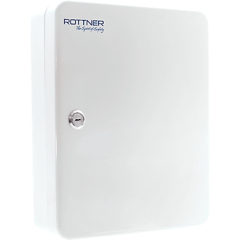 Witte sleutelkluis met het logo "ROTTNER The Spirit of Safety". Er zit een sleutel in het slot.