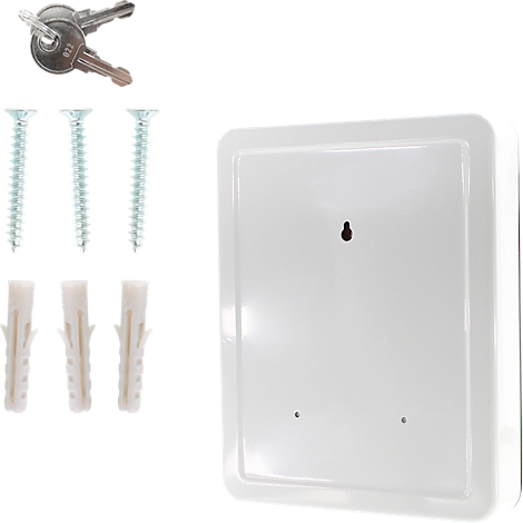 Witte metalen doos met sleutels, schroeven en pluggen om op te hangen.