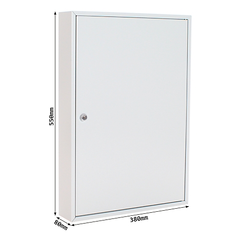 Witte metalen doos met slot. Afmetingen: 550 mm hoog, 380 mm breed, 80 mm diep.
