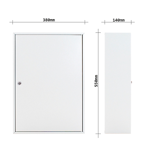 Witte metalen doos met afmetingen. Voorkant: 380mm breed. Zijkant: 140mm breed. Hoogte: 550mm. Met een klein slot.