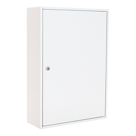 Witte kast met deur, klein slot en een plat, rechthoekig ontwerp.