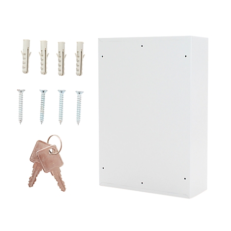 Witte kast met accessoires: pluggen, schroeven en twee sleutels.