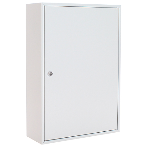 Witte metalen kast met deur en slot, geïsoleerd.