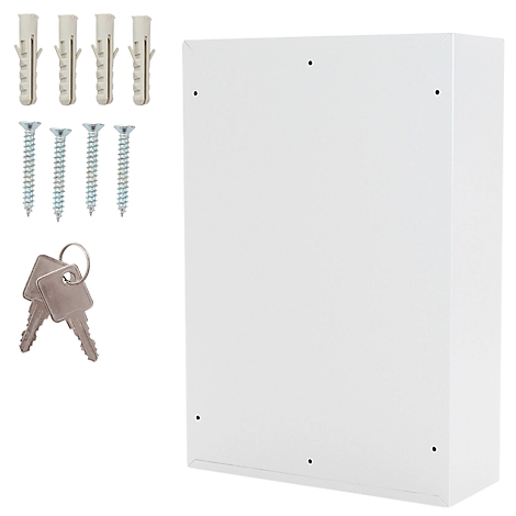 Witte kast met accessoires zoals pluggen, schroeven en sleutels.