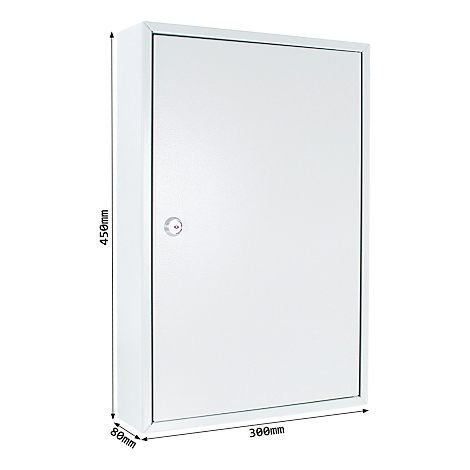 Witte kast met een slot en afmetingen.