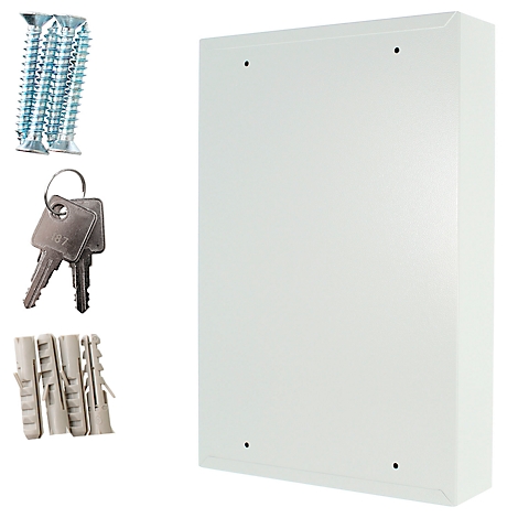 Witte metalen doos met sleutels, schroeven en pluggen.