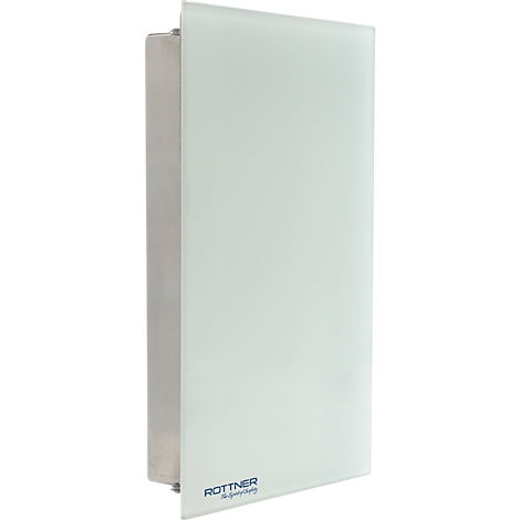Een witte wandkluis met glazen deur. Links is een zilverkleurig metalen frame te zien, rechts een gladde, lichte glazen voorkant.