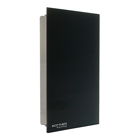 Een zwarte wandbox van Rottner Tresor, op een witte achtergrond.