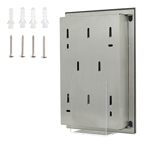 Achterkant van een RVS dispenser, samen met pluggen en schroeven.