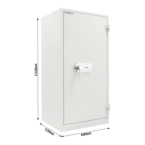 Weisser Tresor mit Tür und Griff, Masse: 1220 mm x 600 mm x 520 mm, vor weissem Hintergrund.