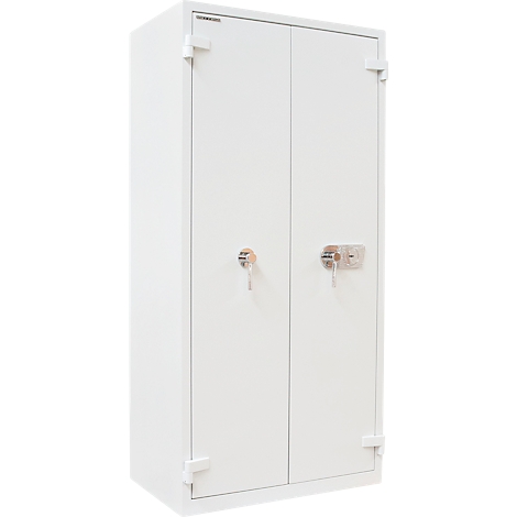 Weisser Stahlschrank mit zwei Türen, zwei Schlössern und Schlüsseln. Oben steht der Schriftzug "SECURAM".