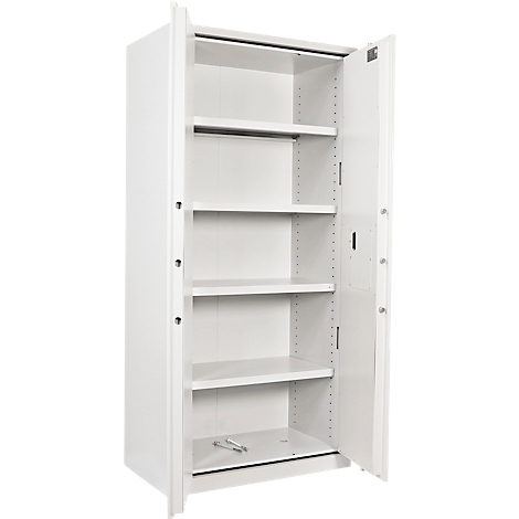 Weisser Schrank mit offenen Türen und mehreren Einlegeböden.