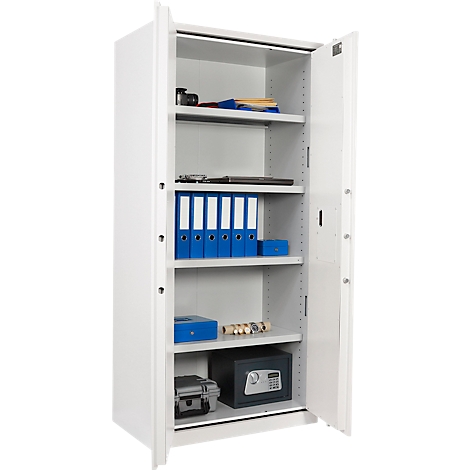Weisser Stahlschrank, offen, mit Ordnern, Laptop, Tresor und Akten.