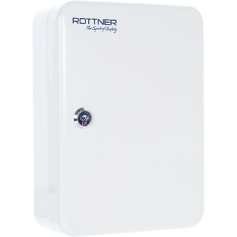 Witte metalen doos met een slot. Bovenaan staat in blauwe letters "ROTTNER The Spirit of Safety".