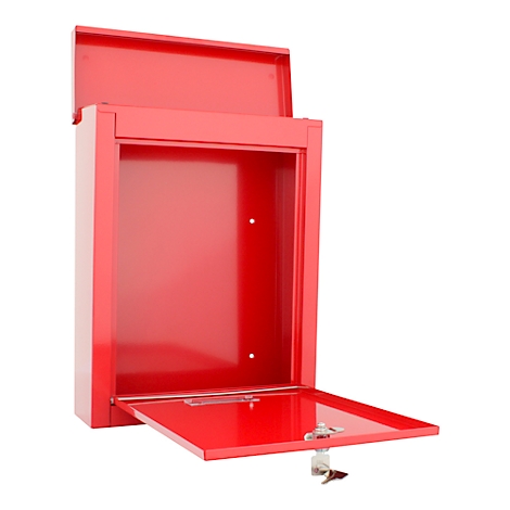 Roter Briefkasten mit offener Tür, die einen Blick auf den leeren Innenraum freigibt.