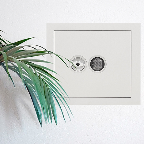 Grauer Tresor an einer weißen Wand, links daneben eine Zimmerpflanze.