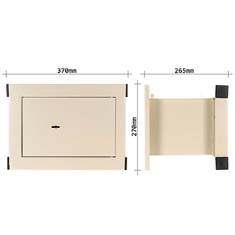 Ein beige Tresor mit den Massen 370x270x265mm, links und rechts daneben werden die Masse angegeben.